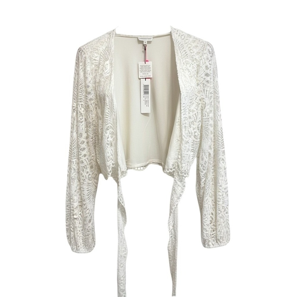 Boho Alexandra Miro Tabitha Tie Top White Lace Balloon Sleeve Resort M NEW